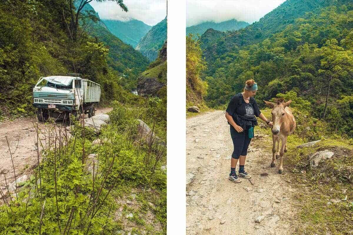 Annapurna Circuit Itinerary: All You Need To Know About The Best Trek In Nepal 11 smashed up truck and donkey on the annapurna circuit trail