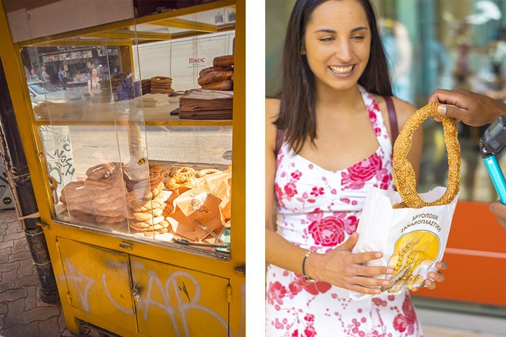 Discovering The Athens Food Scene With Athens Walking Tours 5 eating circle bread with athens walking tours