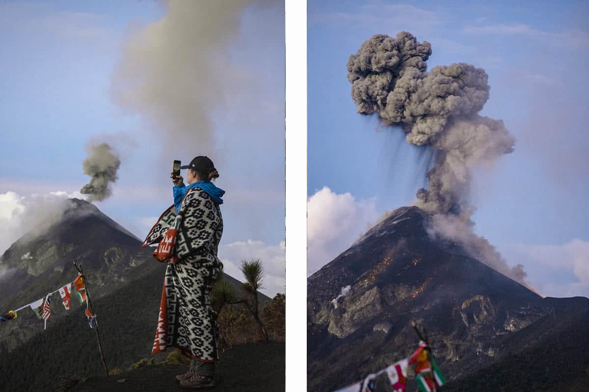 Backpacking Antigua In Guatemala On A Budget: Top Tips For Travelers 41 watching the volcanoic eruptions of fuego volcano in the morning on the acatenango volcano hike
