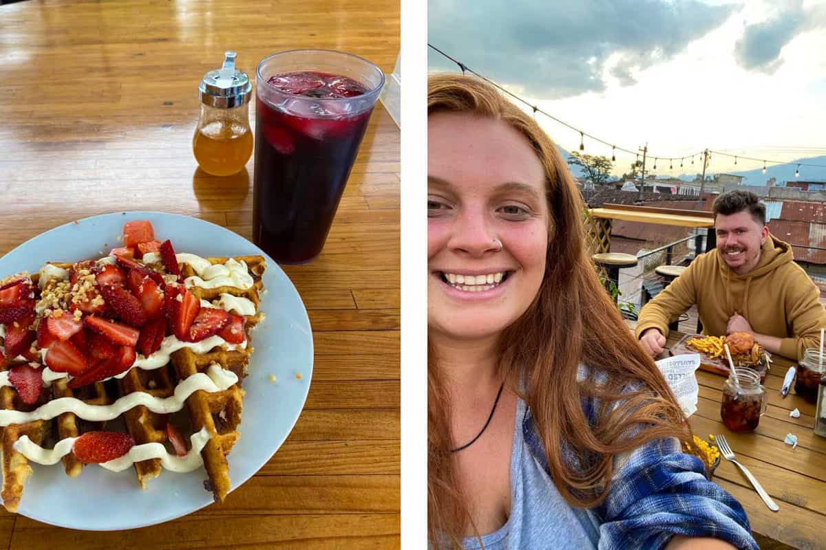 Backpacking Antigua In Guatemala On A Budget: Top Tips For Travelers 46 a delicious breakfast of strawberry waffles at the macadamia farm // of course going to a rooftop steak house for a delicious meal