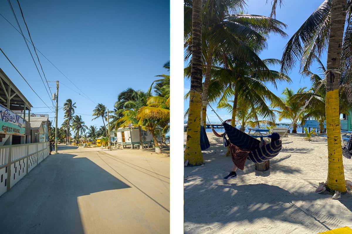 Backpacking Caye Caulker In Belize: Top Travel Tips 20 walking along the sandy main road in caye caulker // relaxing at the hammocks outside a small cafe