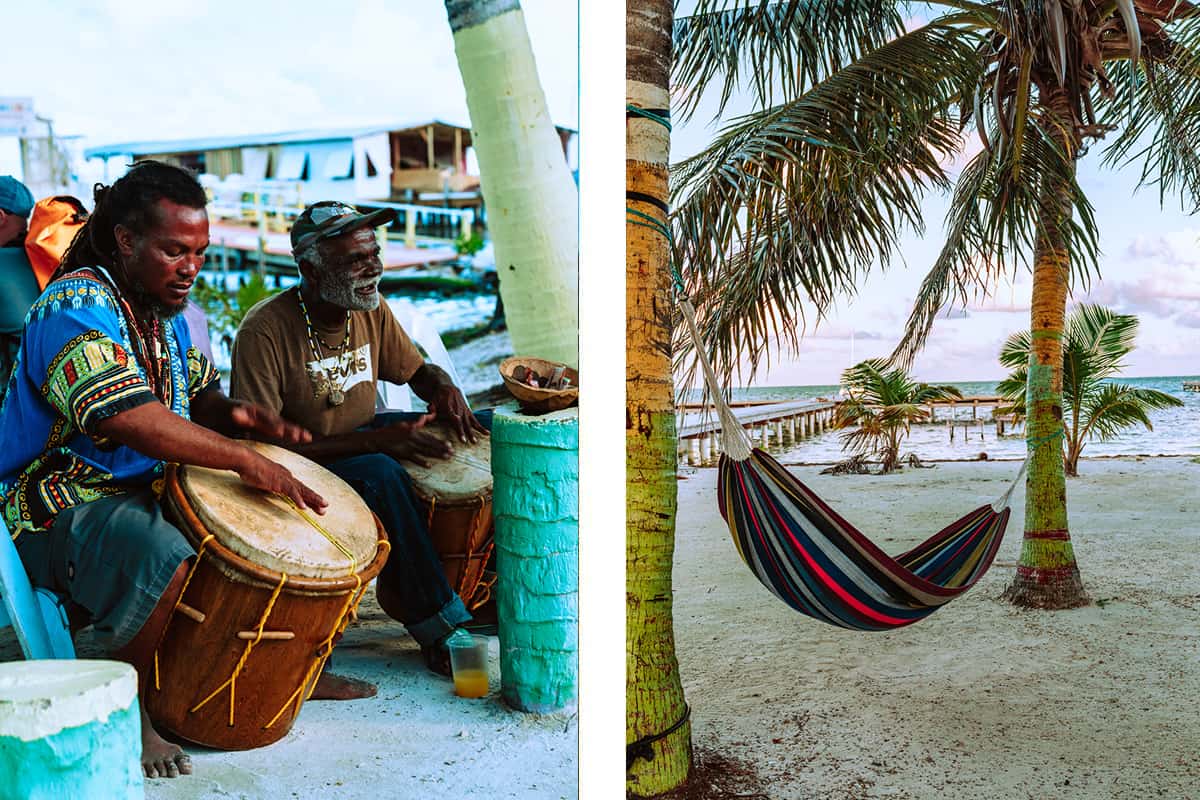 Backpacking Caye Caulker In Belize: Top Travel Tips 19 a couple musicians performing on the streets // hammock on the beach at sunset