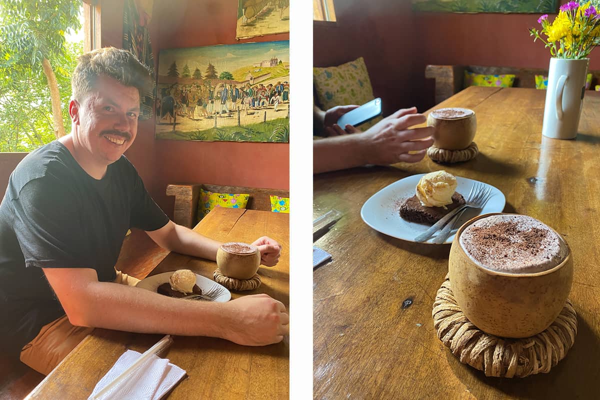 Backpacking Copan Ruinas & Hostels In Copan Ruinas For Travelers 15 having a cheeky brownie and cold chocolate after a hot day at the tea and chocolate place