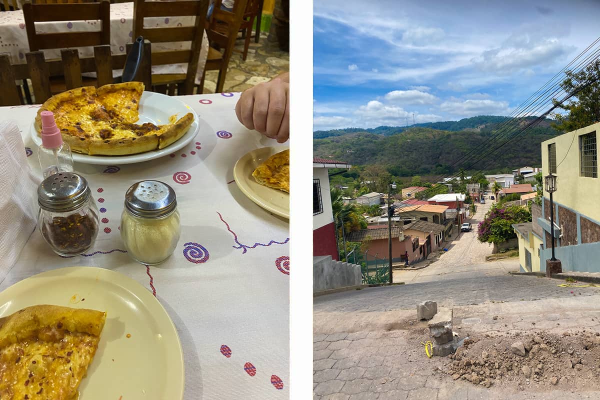 Backpacking Copan Ruinas & Hostels In Copan Ruinas For Travelers 16 a delicious pizza from jims pizza // one of the very steep streets leading up to the city center of copan ruinas