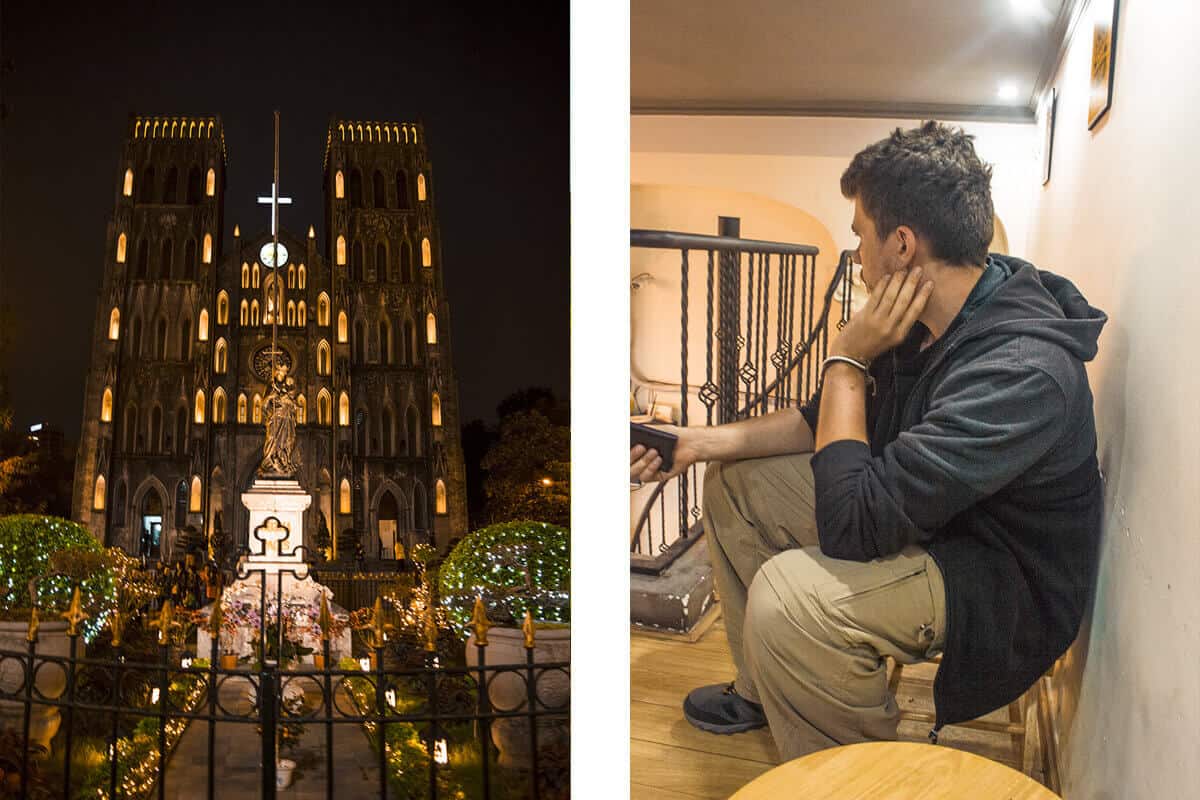Backpacking Hanoi On A Budget: My Top Travel Tips 29 st joseph's cathedral in hanoi // sitting inside a small cafe in hanoi