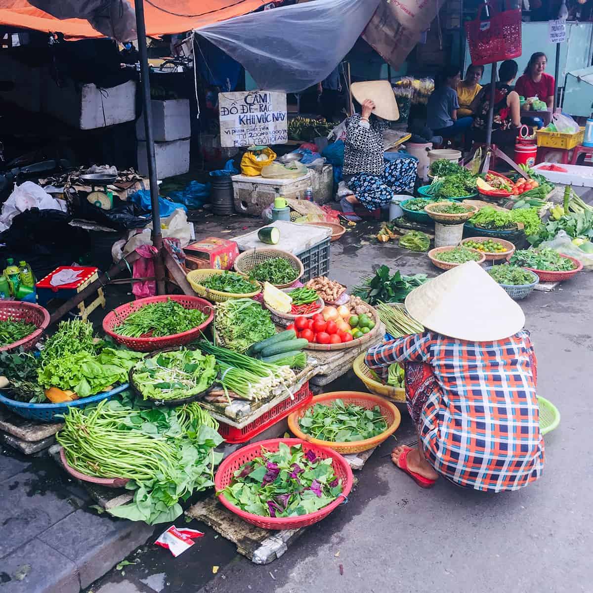 Backpacking Hoi An Itinerary: 3 Days In Hoi An Travel Tips 5 fresh produce at the morning market in hoi an