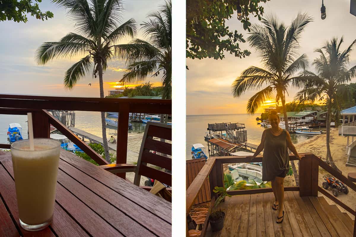 Backpacking Roatan & BEST Hostels In Roatan (2025) 7 having a pina colada and watching sunset on our last night backpacking roatan