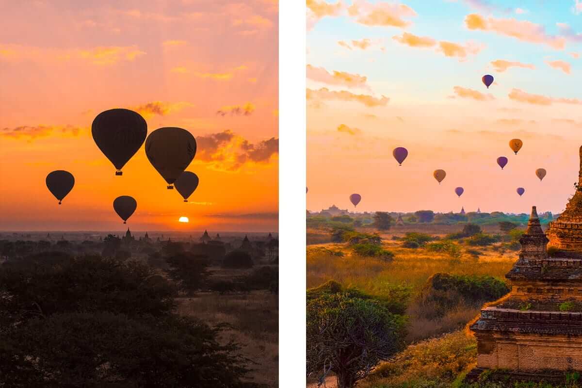 How Much Does It Cost To Travel In Myanmar? 12 hot air balloons in front of the sunrise in bagan
