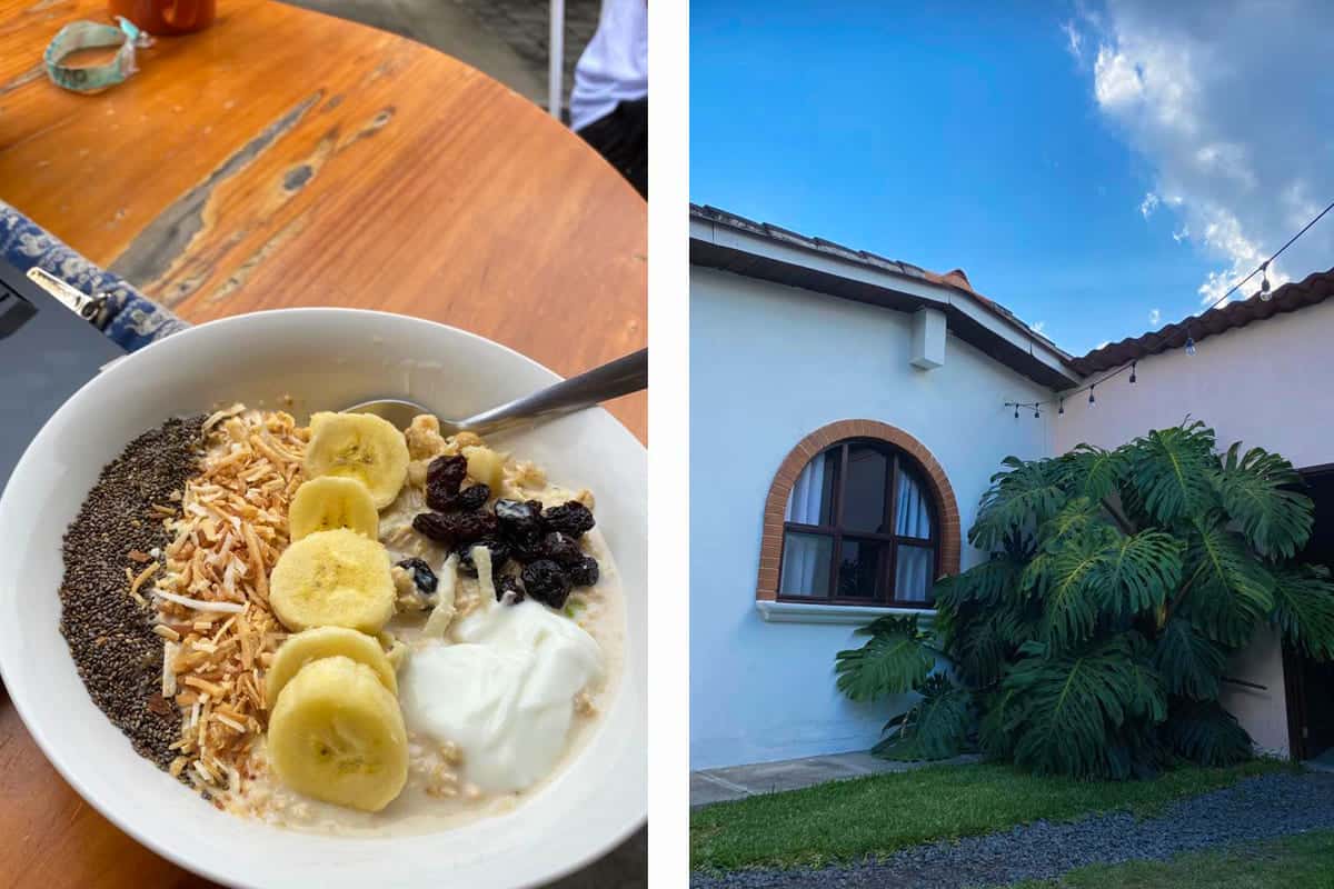 Best Hostels In Antigua, Guatemala: Best Stays In 2025 32 a delicious and healthy breakfast at maya papaya // large monstera plants growing around the property, one of the best hostels in antigua guatemala