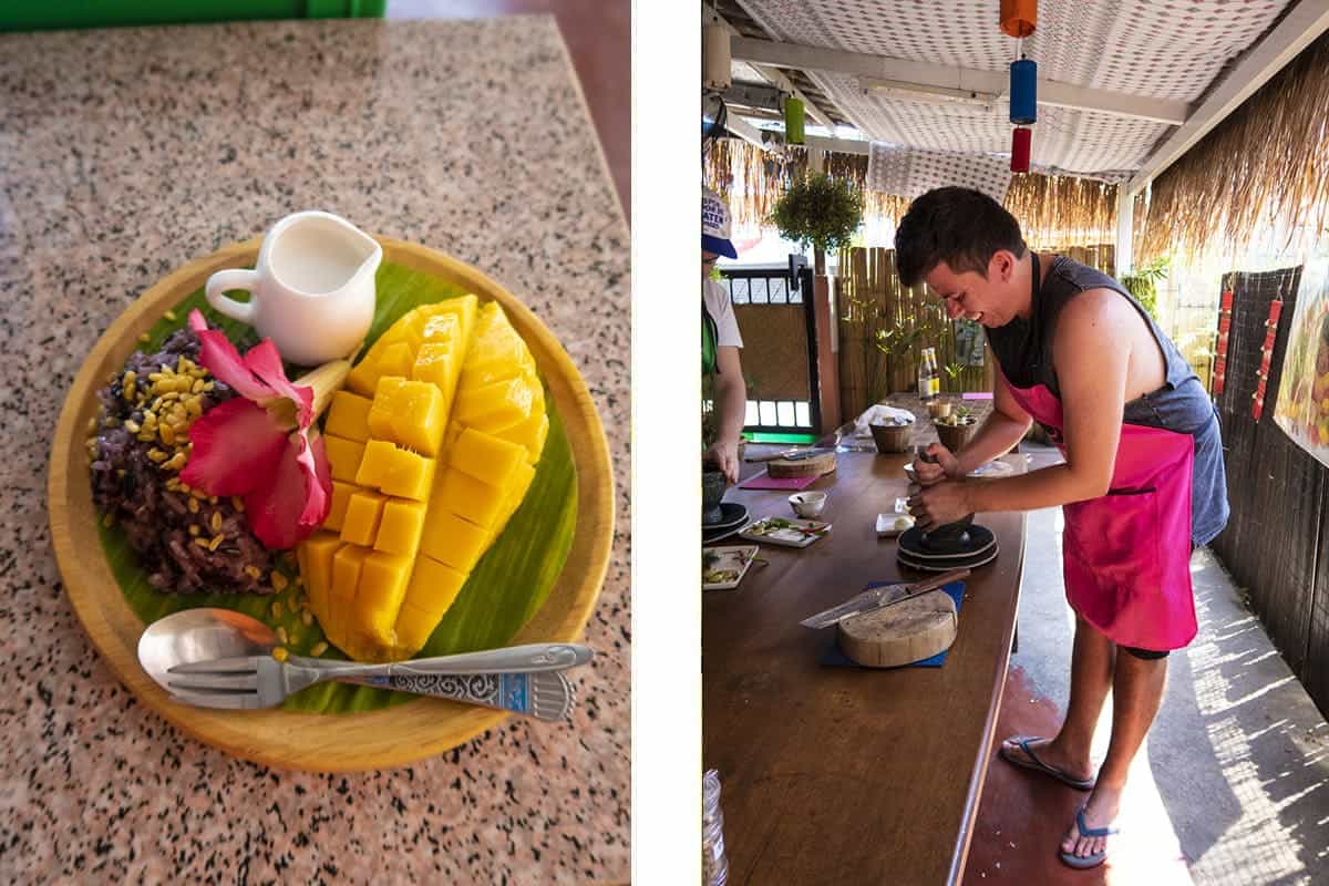 6 Best Vegetarian Cooking Classes In Chiang Mai Worth Booking 2025 5 mango sticky rice and boy making a curry paste during a cooking class in chiang mai