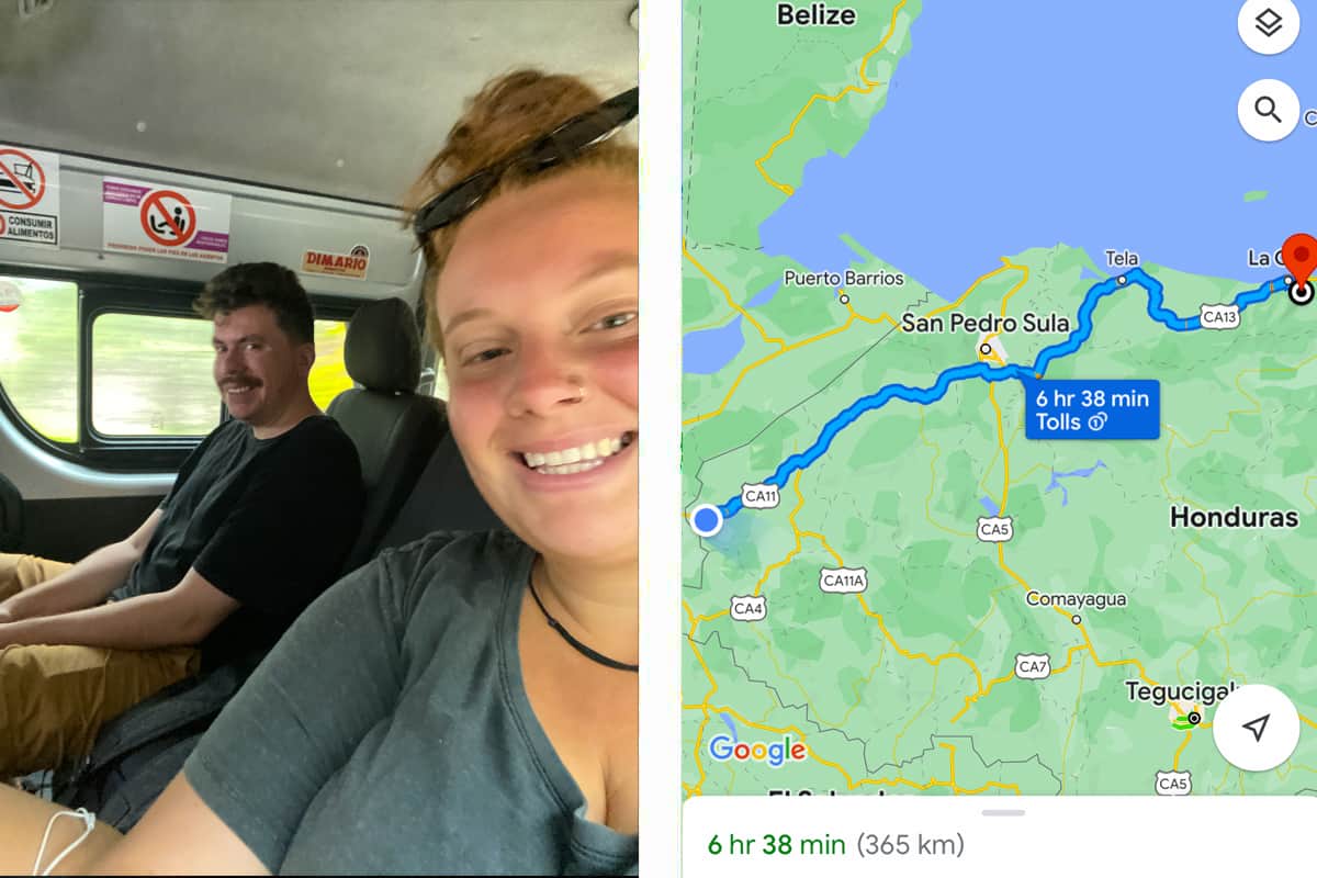 Copan Ruinas To La Ceiba: All Transport Explained 2025 17 a quick selfie to break up the long journey // google maps showing a six and a half hour travel day, though it definately took us longer