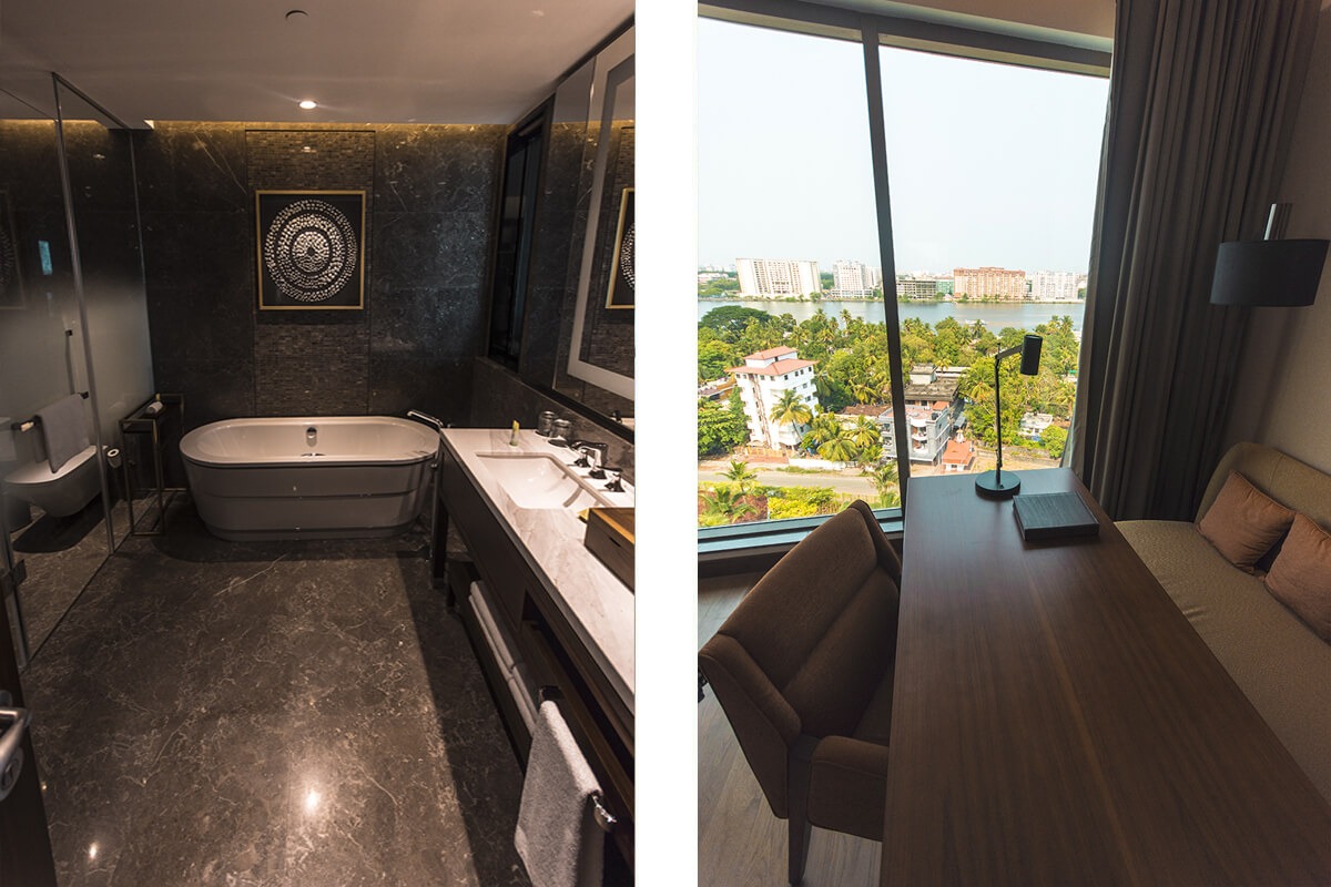 bathroom and office space in the grand king room at the grand hyatt kochi bolgatty