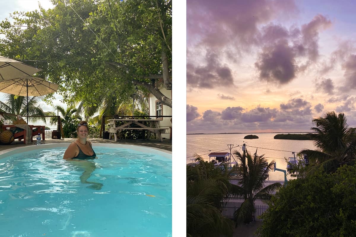 BEST Hostels In Ambergris Caye & Backpacking San Pedro 11 enjoying the pool and sunset views from our super affordable stay at ambergris sunset hotel san pedro which costs $50.00 per night for a double room with air conditioning