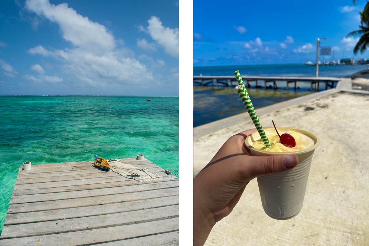BEST Hostels In Ambergris Caye & Backpacking San Pedro 19 hanging out on a local pier with a fresh pina colada