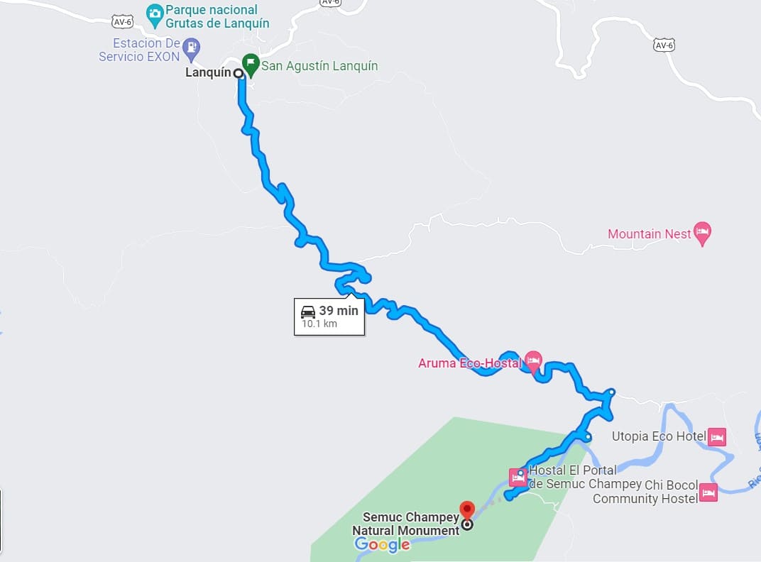 Lanquin To Semuc Champey: BEST Transport Explained 4 map showing how the distance and travel time from lanquin to semuc champey