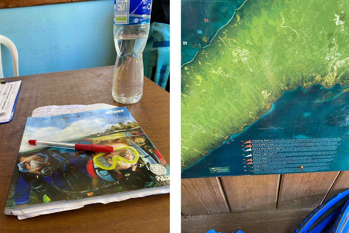 Learn To Dive In Roatan: Scuba Diving Roatan Companies, Prices & What To Expect 18 checking off our homework in the air conditioned class room // a map showing some of the dive sites around roatan