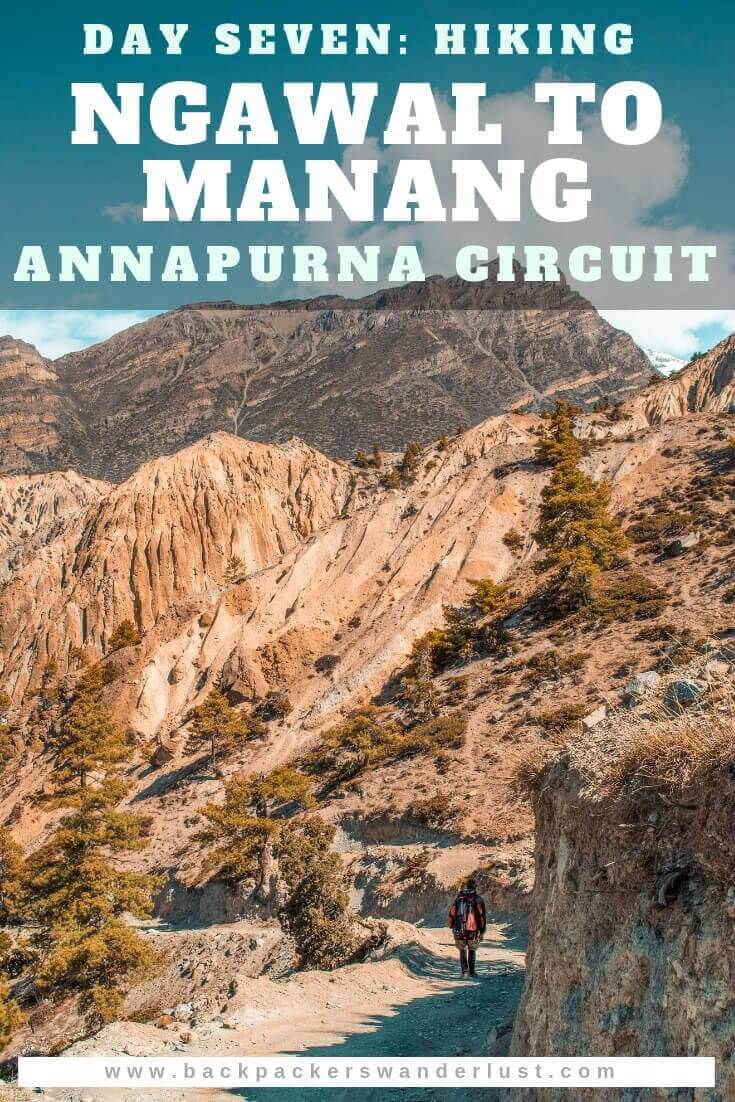 Day 7: Ngawal To Manang On The Annapurna Circuit 12 Trekking from Ngawal to Manang in Nepal on the Annapurna Circuit. Day seven will take us from Ngawal to Humde, Humde to Braka and Braka to Manang. The total journey from Ngawal to Manang consists of 15 kilometers of hiking over 7 hours and an elevation decrease of 140 meters.