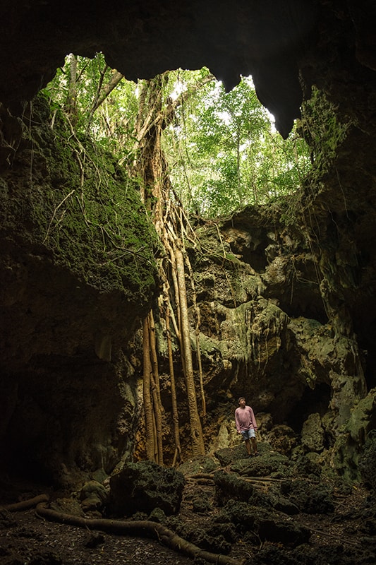 A man standing in Queen Hortense's Cave with a tree growing out of it.
	