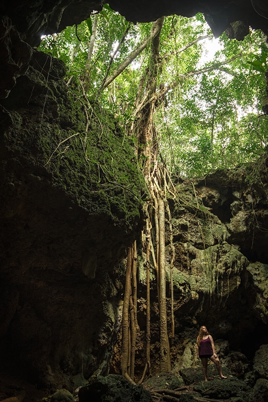 A woman standing in Queen Hortense’s Cave with a tree growing out of it.
	