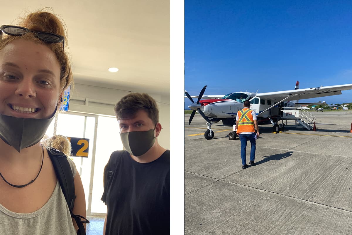 Roatan To Belize: The BEST Scenic Commercial Flight 17 a quick airport selfie in roatan, probably should have kept my mask on as i tested positive for covid 4 days after this // heading onto the tarmac to board our plane