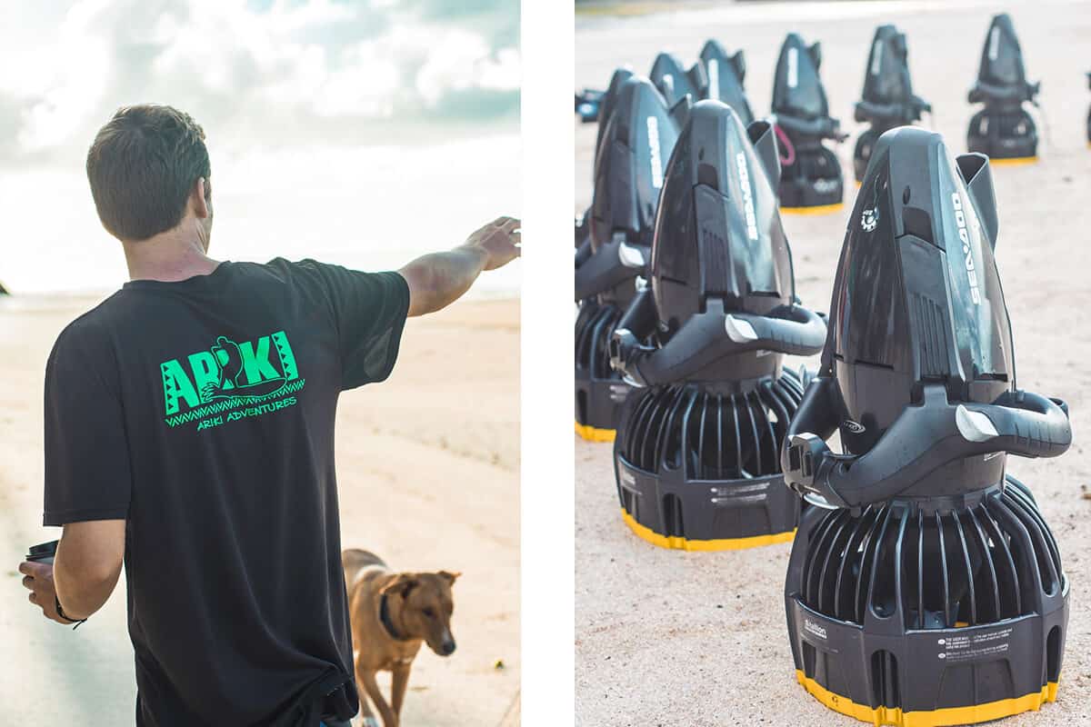 Swim With Sea Turtles In Rarotonga: Ariki Adventures 5 sea scooters set up on the beach ready to use