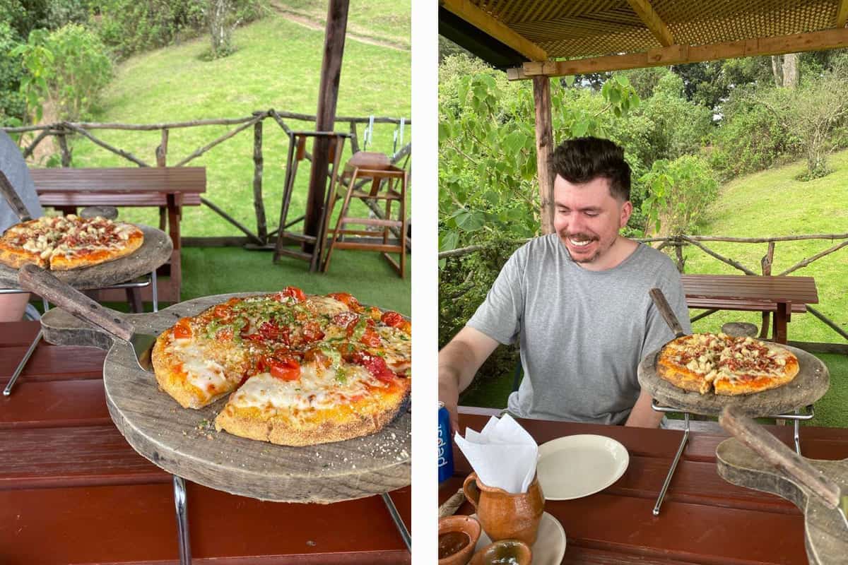 Visiting Hobbitenango: What You NEED To Know 2025 14 enjoying a margarita pizza from the onsite restaurant at hobbitenango