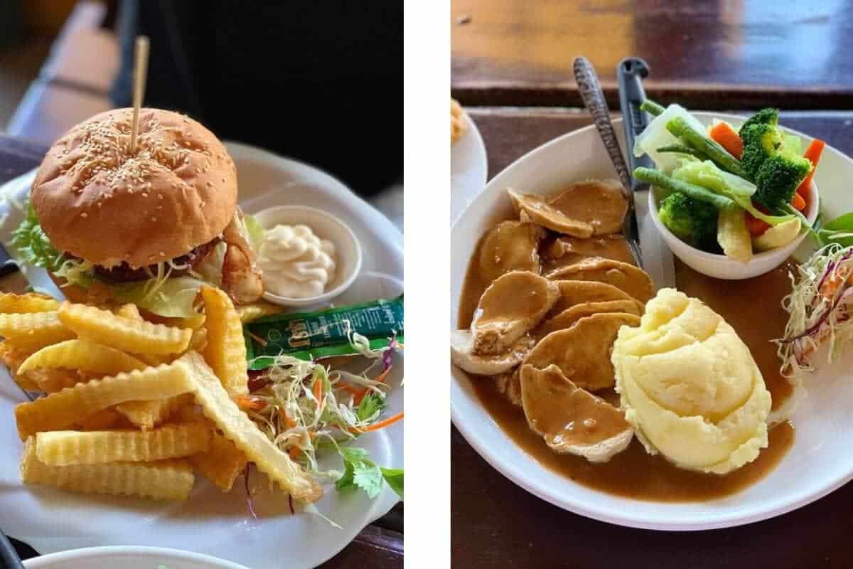 Cost To Travel Laos And My Laos Travel Budget: $30.00 Per Day 18 western food from garys irish pub where to eat in vang vieng consisting of a roaster with gravy and burger with chips