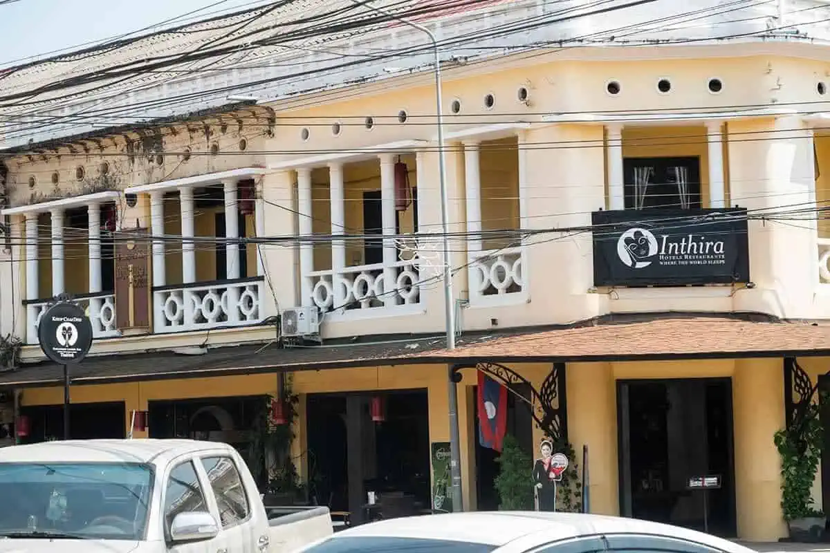 2 Weeks In Laos Itinerary: BEST Route North To South 41 the outisde of inthira restaurant and hotel in thakhek