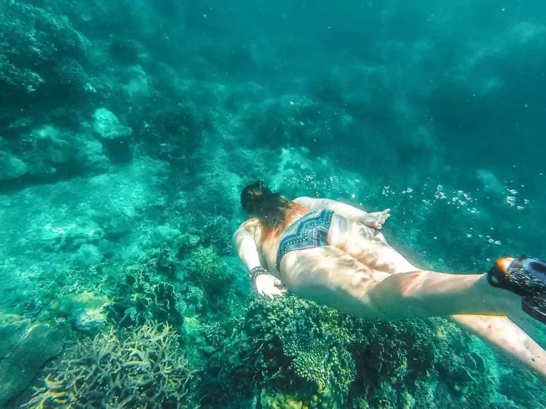 3 Week Vietnam Itinerary: BEST North To South Route 41 Snorkeler exploring vibrant coral reefs beneath Vietnam's clear blue waters, an underwater escapade for any Vietnam itinerary.