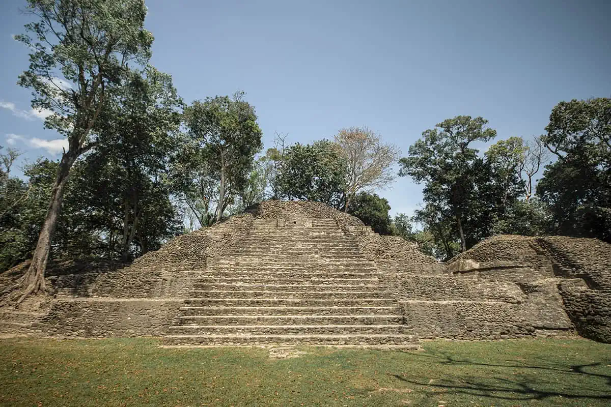 he ancient Mayan ruins, made of limestone, stand majestically amidst a lush forest in Belize. This stepped pyramid, showing signs of erosion but standing strong, is surrounded by tall trees that partly shade the structure from the bright, tropical sun.