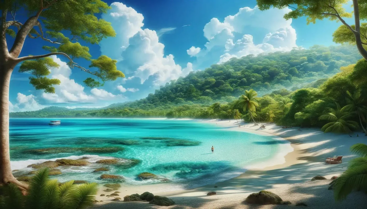 Belize In June: Is Belize Worth Visiting In June? 8 A serene beach scene in Belize in June, showcasing clear turquoise waters, a white sandy shore, and lush green tropical forest under a blue sky with fluffy clouds.