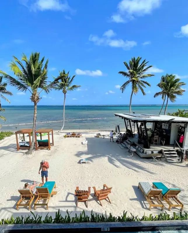Best Beaches In Ambergris Caye: For Swimming, Snorkeling, Tanning & More 7 Elevated view of a beachfront with loungers and palm trees, overlooking a tranquil sea and a beach bar, capturing a typical leisurely day on Ambergris Caye.