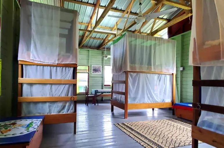 Best Hostels In San Ignacio: 5 Excellent Stays For Travelers On A Budget 9 Spacious and airy dorm room with mosquito-netted bunk beds, rustic wooden floors, and a ceiling fan, providing a comfortable stay at Lower Dover's Jungle Lodge in San Ignacio.