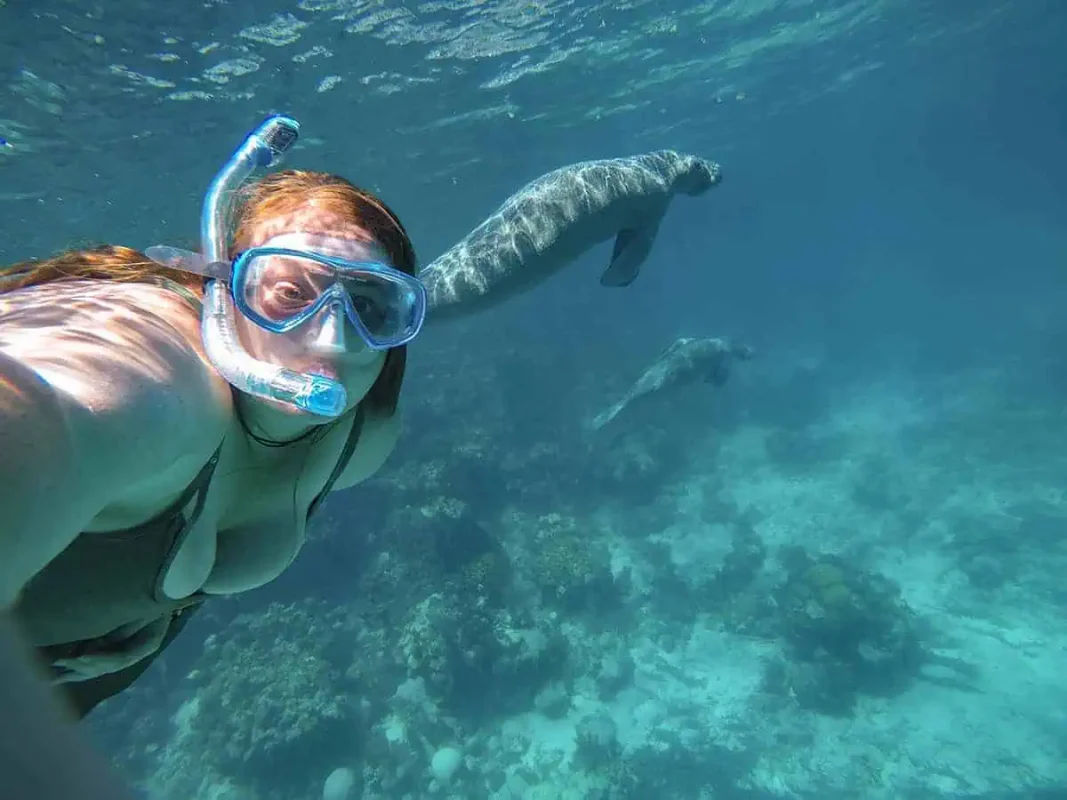 41 Best Things To Do In Ambergris Caye For The Ultimate Holiday 38 A selfie of tasha amy underwater with a manatee in the clear blue waters of Ambergris Caye, showcasing the unforgettable experiences and close encounters with marine life.