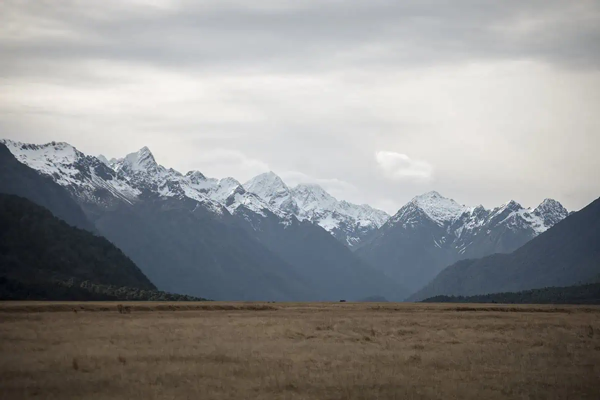 Eglinton Valley: ULTIMATE Guide For Visiting (2025) 13 A panoramic view of snow-capped mountains under a cloudy sky, with a vast expanse of dry grass in the foreground. The serene and untouched beauty of Eglinton Valley is showcased in this image.