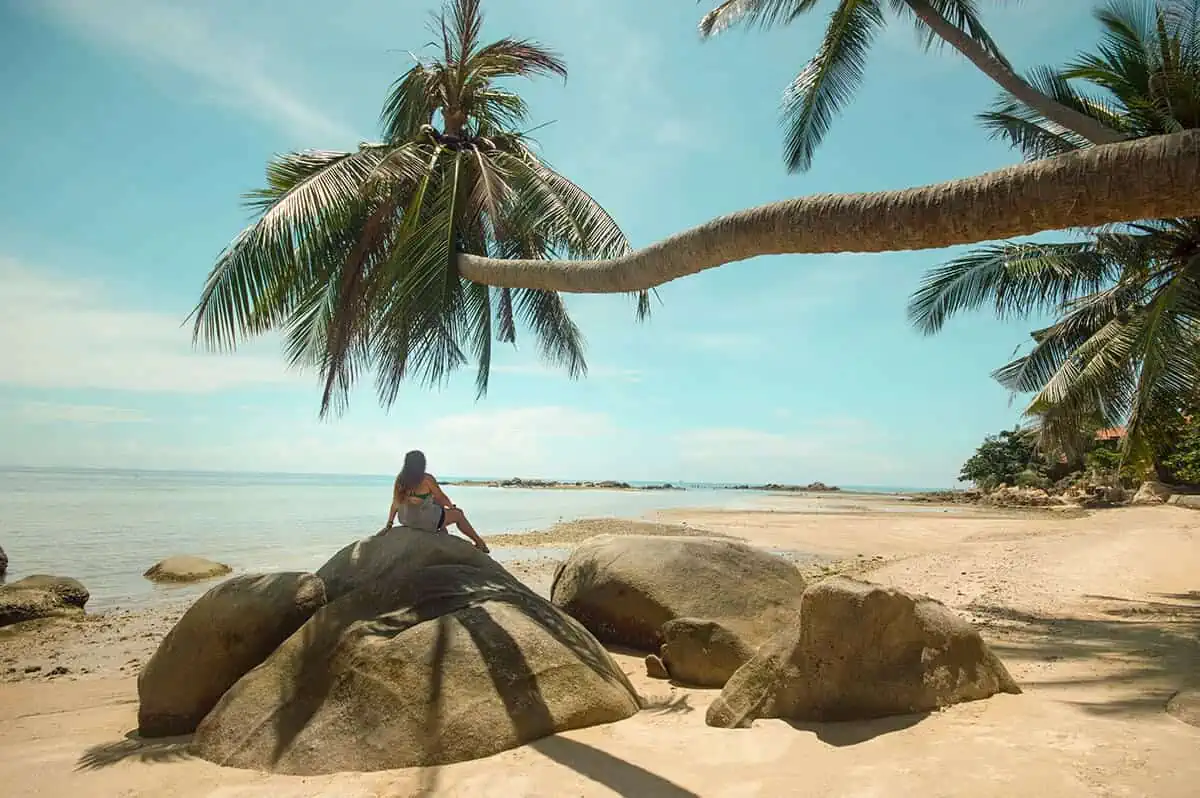 tasha amy sitting on a rock under the shade of a palm tree at haad chao phao