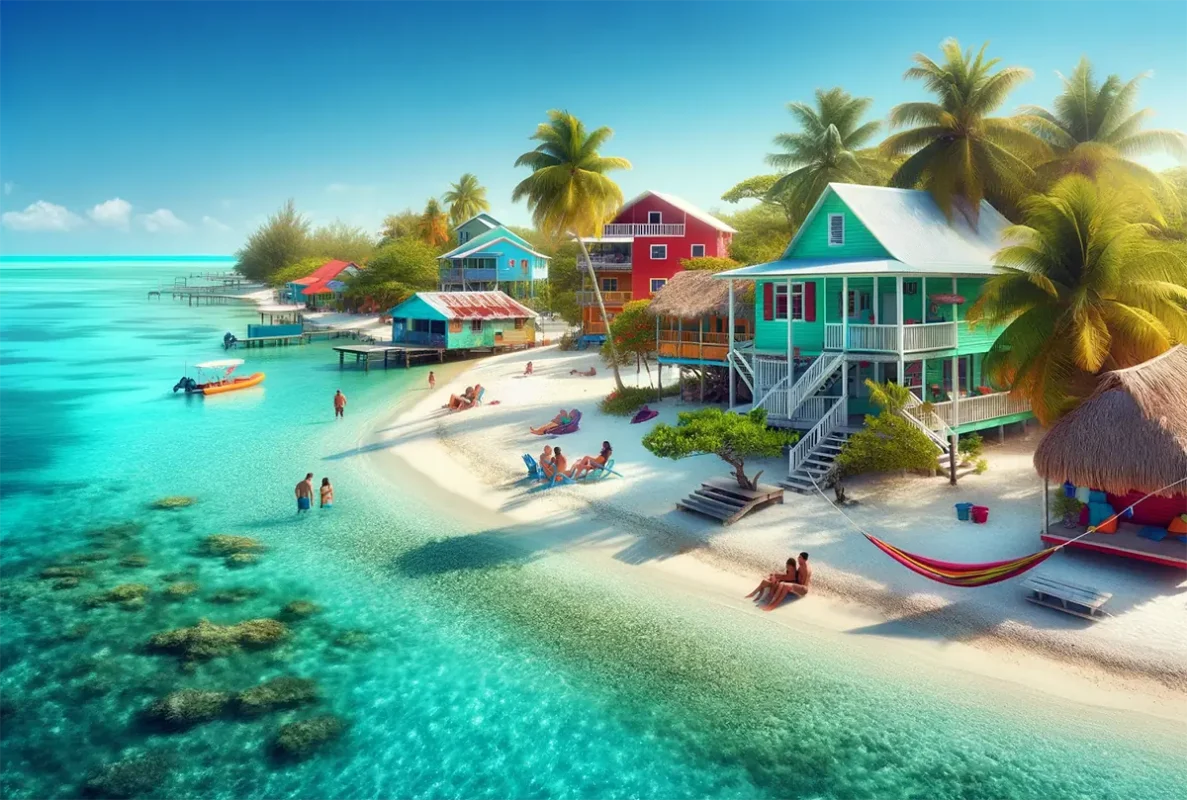 Is Caye Caulker Safe? BEST Tips For Travelers 2025 9 Visitors relax on the pristine, safe shores of Caye Caulker, showcasing the island's security with its clear turquoise waters, quaint colorful beachfront homes, and a serene environment, prompting the question, 'Is Caye Caulker safe?' for concerned travelers.