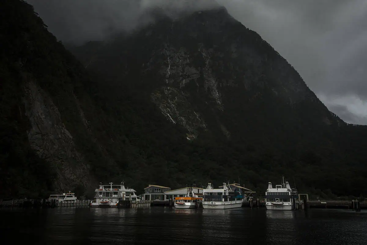 Is Milford Sound Worth It? My Pros & Cons 4 Tour boats docked at Milford Sound under steep misty cliffs.