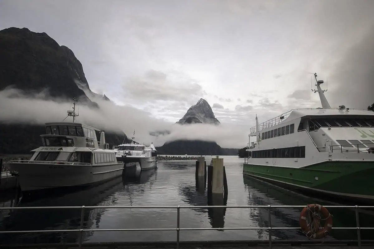Is Milford Sound Worth It? My Pros & Cons 26 Tour boats docked up at the harbor in Milford Sound with Mitre Peak rising in the background.