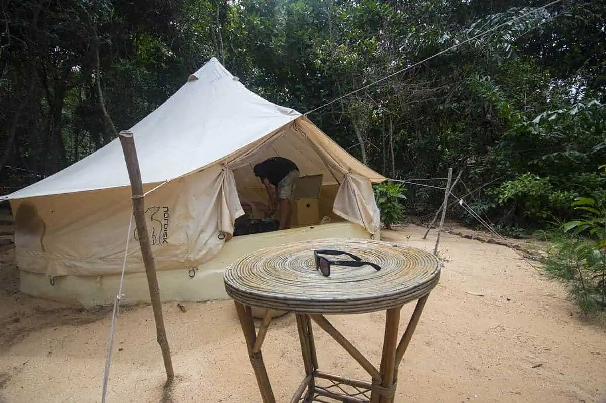 Koh Rong Or Koh Rong Samloem: Which Is BEST (2025) 31 the outside view of our glamping tent at sleeping trees in koh rong samloem