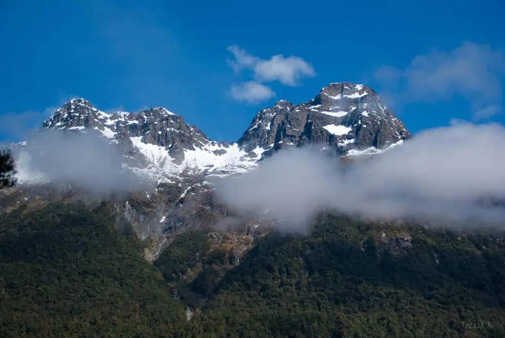 Mirror Lakes: Is It Worth Visiting In Milford Sound, NZ? 5 A close-up view of majestic, snow-capped Earl Mountain Peaks against a brilliant blue sky. The rugged mountain tops are partially obscured by low-hanging clouds, enhancing the dramatic contrast between the pristine white snow and the dark, rocky surfaces. The lush, green foothills below add a touch of softness to the otherwise stark landscape.