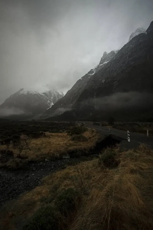 Monkey Creek: BEST Stop On The Way To Milford Sound 9 A winding road cuts through the rugged landscape of Monkey Creek, New Zealand, bordered by golden grasses and green shrubs. The road leads towards mist-shrouded mountains that loom overhead, their rocky surfaces streaked with white snow. The cloudy sky adds to the dramatic and remote feel of the scene.