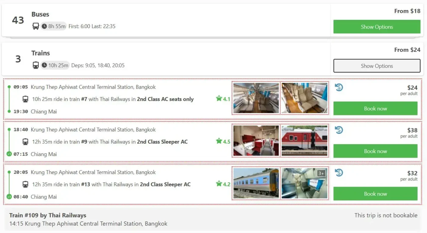 Sleeper Train Bangkok to Chiang Mai: BEST Tips 2025 7 Screenshot displaying various train options on the 12Go Asia website for the sleeper train journey from Bangkok to Chiang Mai.