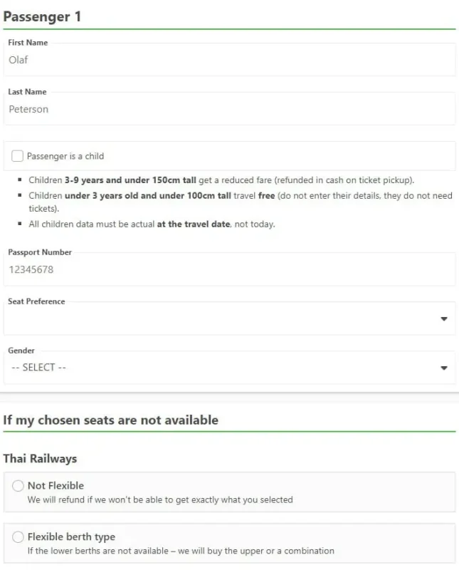 Sleeper Train Bangkok to Chiang Mai: BEST Tips 2025 8 Online booking form on 12Go Asia for securing tickets for the Bangkok to Chiang Mai sleeper train, showing passenger details.