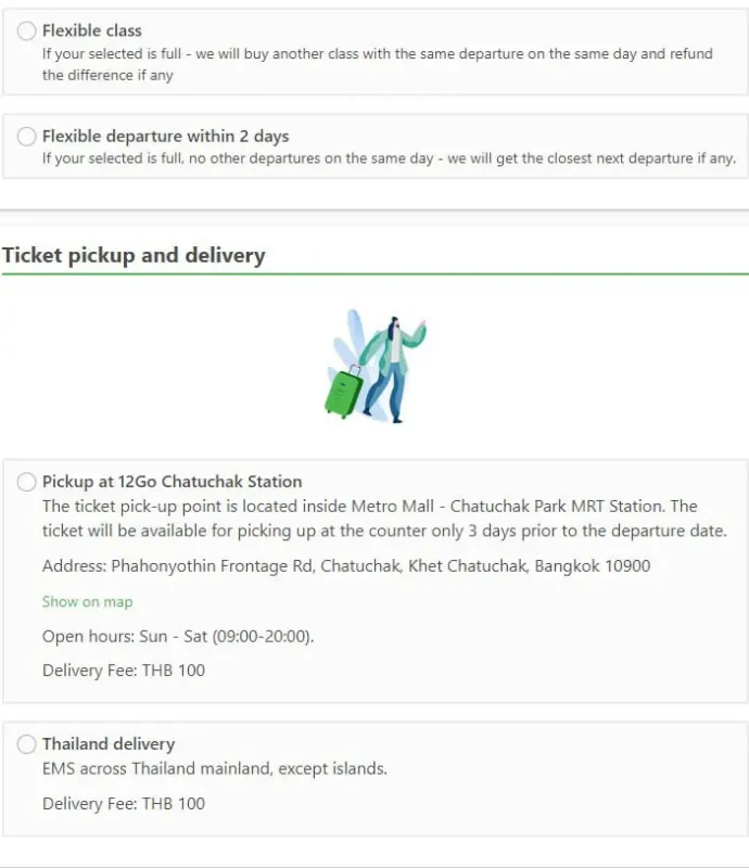 Sleeper Train Bangkok to Chiang Mai: BEST Tips 2025 9 Choosing ticket pick-up location for the Bangkok to Chiang Mai sleeper train on 12Go Asia's booking platform.