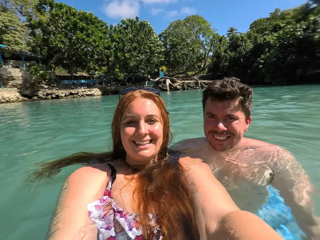 Port Vila Blue Lagoon: BEST Tips For Visiting 2025 14 a cheeky selfie of tasha amy and james while swimming in the blue lagoon in port vila vanuatu