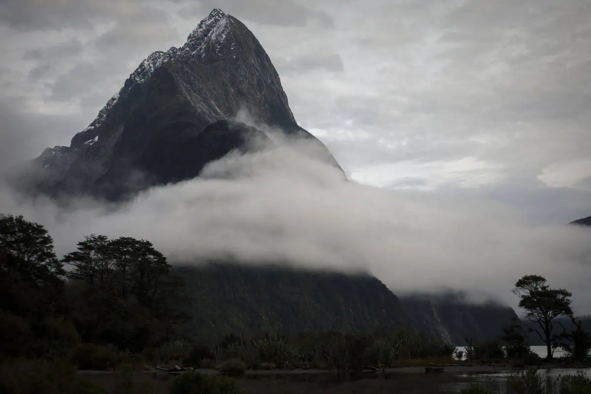 Milford Sound In The Rain: The BEST Time To Visit 2025 14 The towering, snow-capped Mitre Peak rises above a layer of low-hanging clouds in Milford Sound. The dark, rugged mountain contrasts sharply with the soft, white clouds that envelop its base, showcasing the dramatic landscape often seen during the rain in Milford Sound.