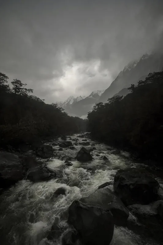 Milford Sound In The Rain: The BEST Time To Visit 2025 9 A turbulent river rushes through a forested valley with snow-capped mountains in the distance. The overcast sky and mist create a dramatic and foreboding atmosphere, typical of Milford Sound’s rainy weather.