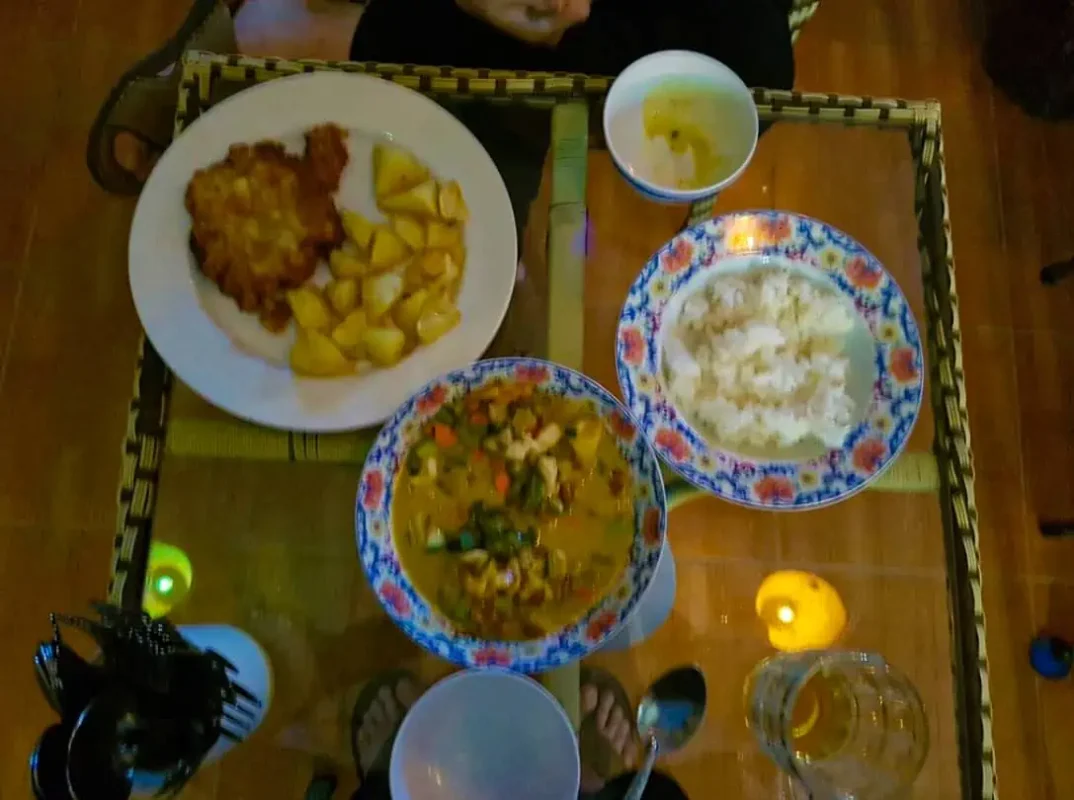 Where To Eat In Vang Vieng: BEST 11 Spots Worth Trying 8 complete opposite meals of curry and schnitzel from viman vang vieng thai-german restaurant